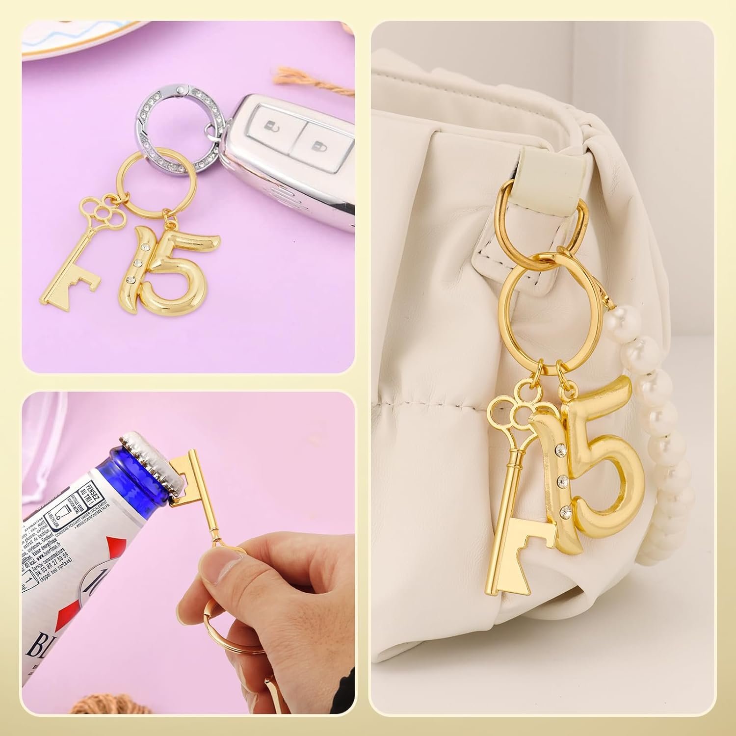 50Pcs 15th Quinceañera Key Bottle Openers Keychain Bulk 15 Birthday Party Favors, 15th Beer Key Chain Ring Bottle Opener Wedding Anniversary Return Gifts Party Decorations or Souvenirs for Guests - Image 5