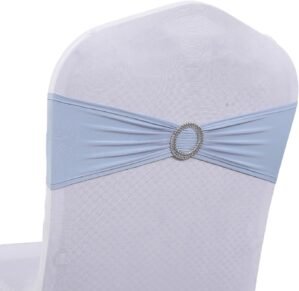 MDS Pack of 100 Spandex Chair Sashes Bow Premium Stretch Chair Cover Band with Buckle Slider Universal fits Elastic Dining Chair Ties for Wedding Party Banquet Events Decoration – Baby Blue