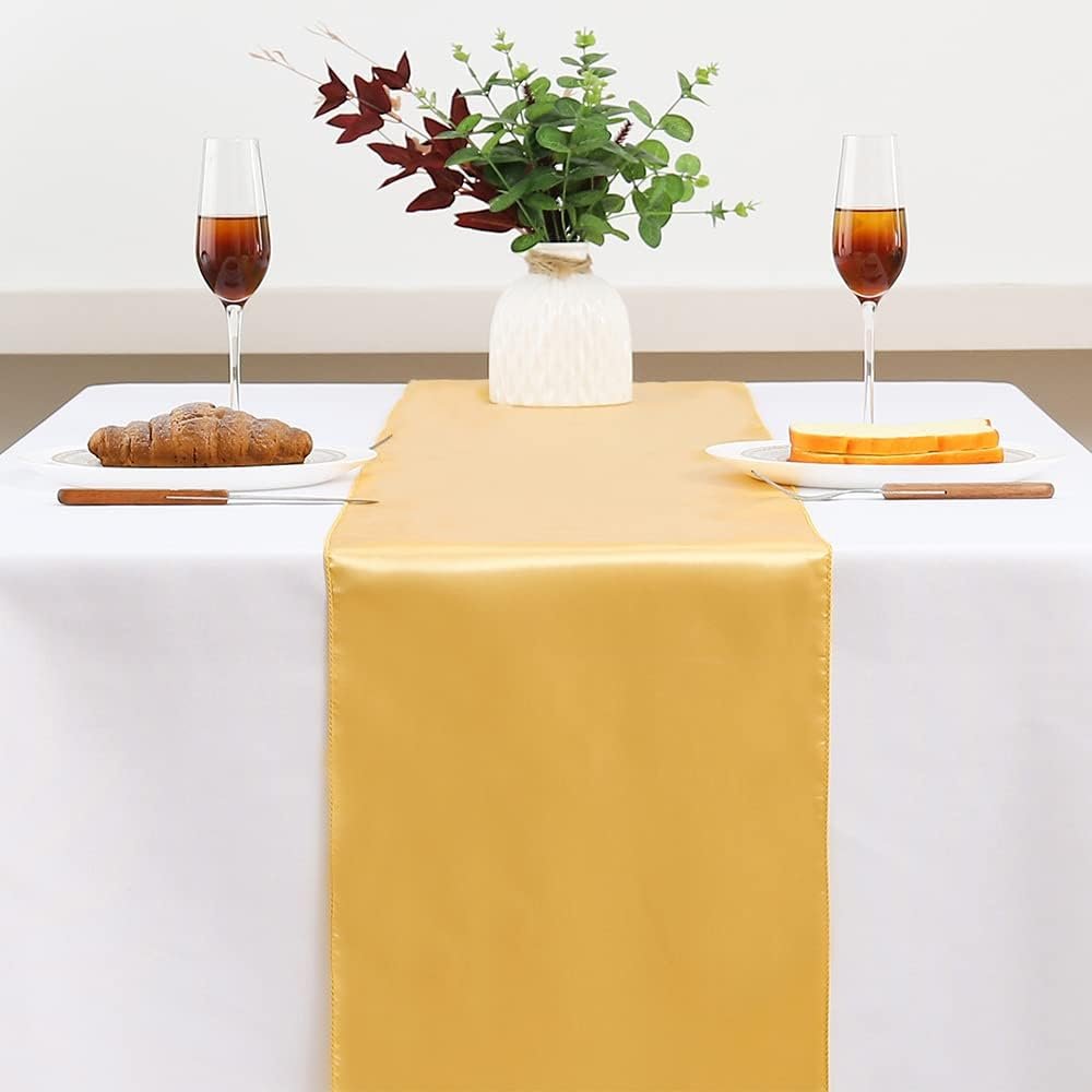 10 Pack Satin Table Runner 12 x 108 inches Long, Ribbon Table Runners Gold for Wedding Parties Birthday Banquet Restaurant Decorations (Gold, 10 Pieces) - Image 2