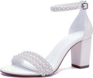 Women’s Open Toe Chunky Block Heel Pumps Ankle Buckle Wedding Shoes Pearls Evening Party Dress Shoes Sandals