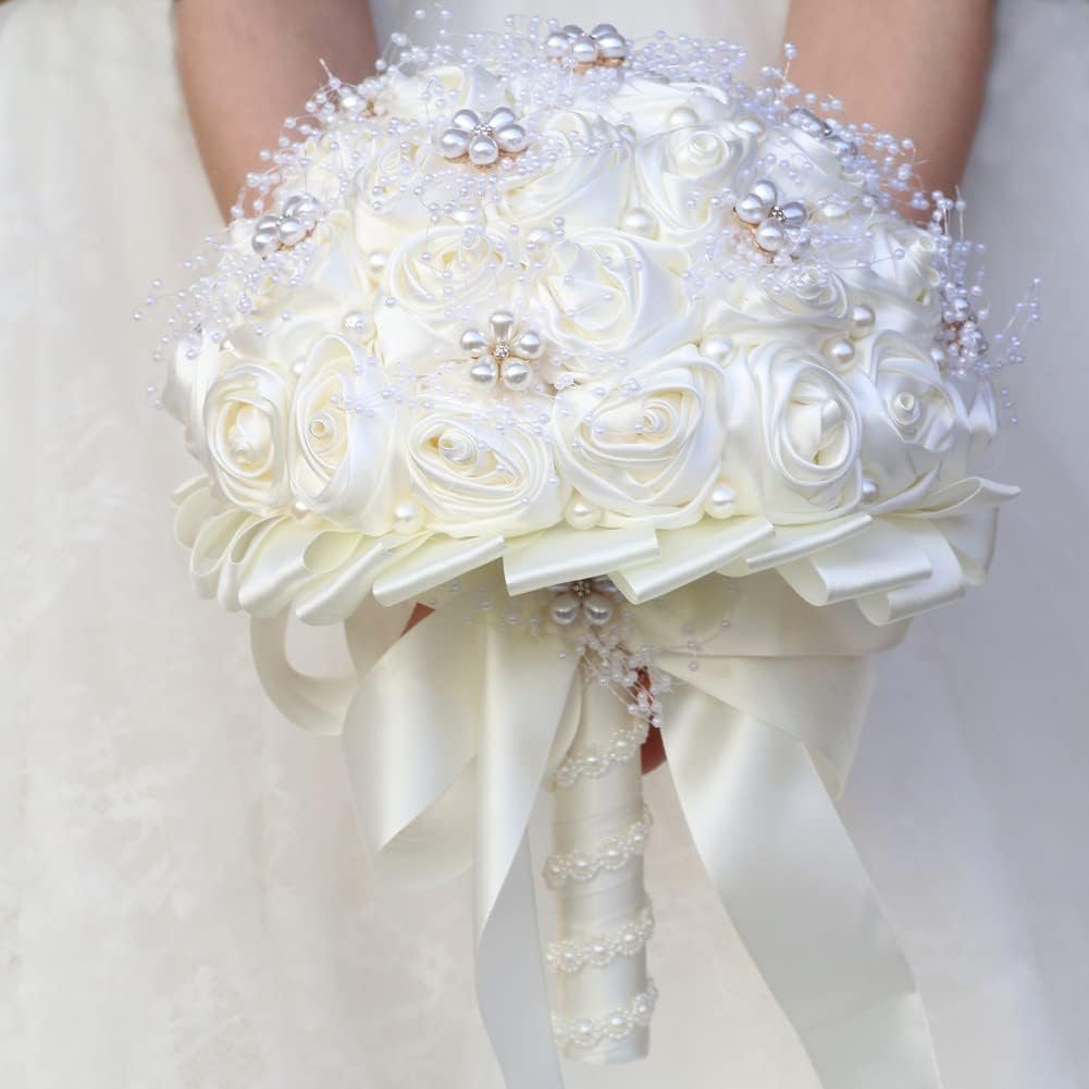 Ivory Bridal Wedding Bouquet Handmade with Rhinestone Pearl Ribbon Satin Rose Flower Bouquet for Bride Bridesmaid Quinceanera Bouquet Wedding Ivory 8.7in - Image 2