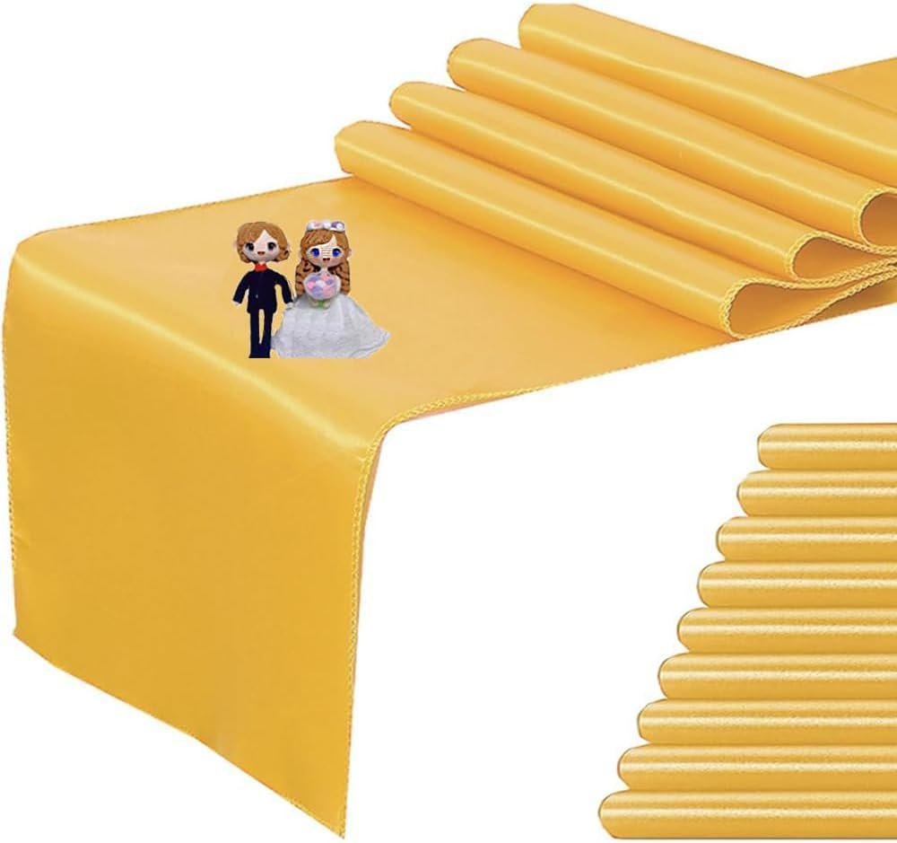 10 Pack Satin Table Runner 12 x 108 inches Long, Ribbon Table Runners Gold for Wedding Parties Birthday Banquet Restaurant Decorations (Gold, 10 Pieces)