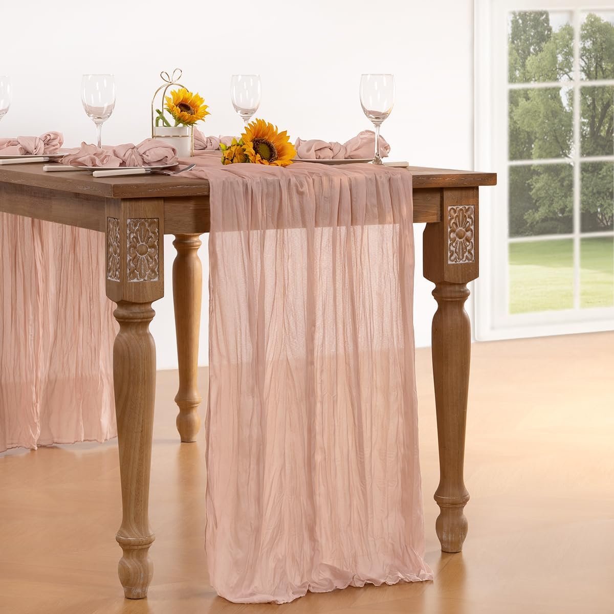 Pink Cheesecloth Table Runner Valentine's Day Dusty Pink Boho Sheer Gauze Table Runner 120 Inches Long Spring Table Decorations for Wedding Bridal Girl Baby Shower Easter Sweet 16 Party Decor - Image 2