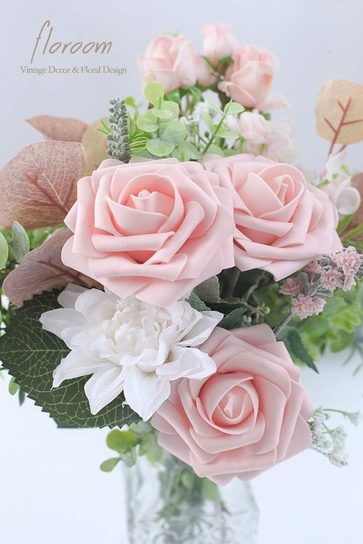 Floroom Artificial Flowers 25pcs Real Looking Blush Foam Fake Roses with Stems for DIY Wedding Bouquets Bridal Shower Centerpieces Party Decorations - Image 4