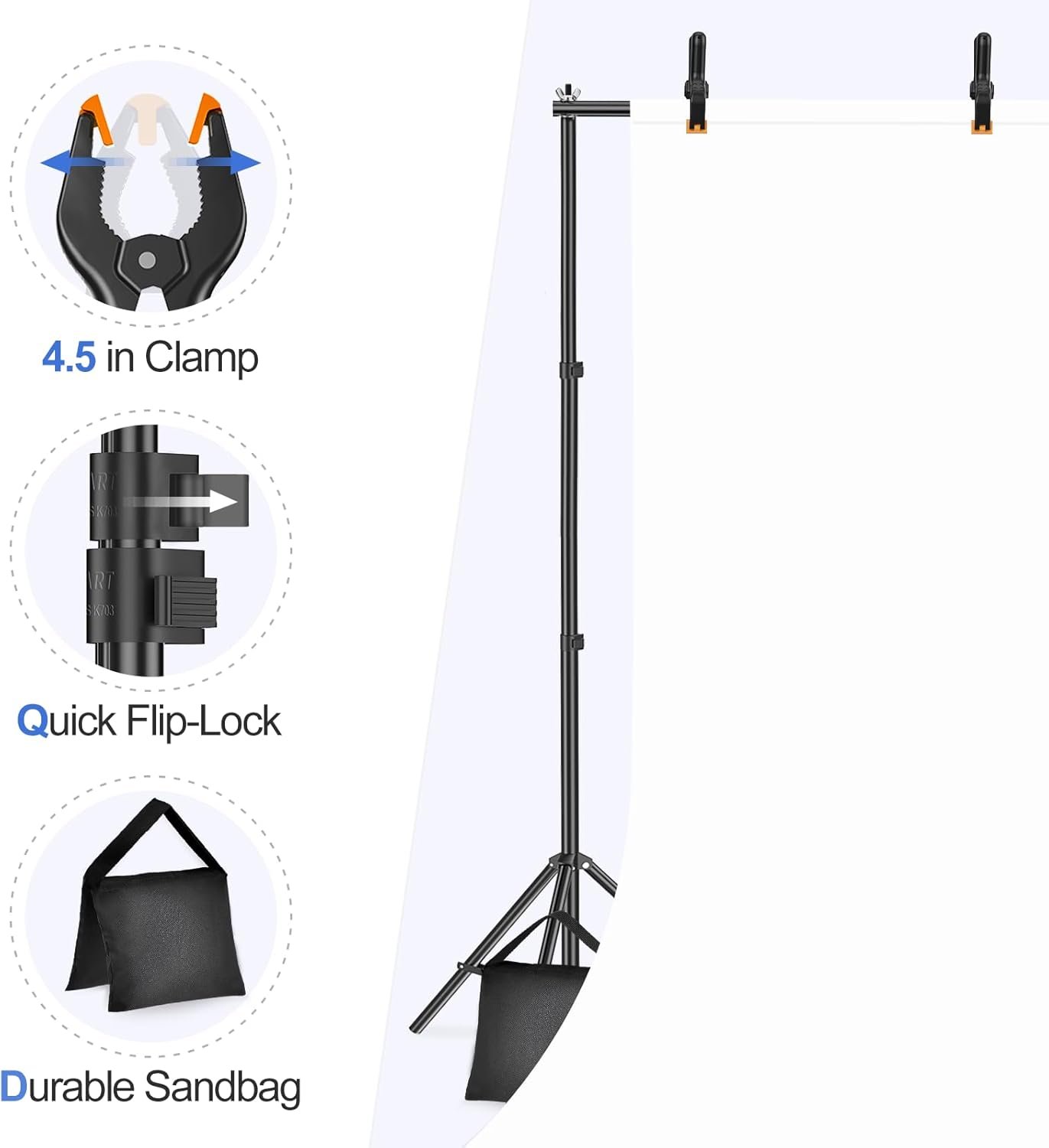 EMART Backdrop Stand 10x7ft(WxH) Photo Studio Adjustable Background Stand Support kit with 2 Crossbars, 8 Clamps, 2 Sandbags and Carry Bag for Parties, Events Decoration, Wedding, Photography - Image 5