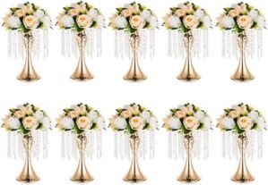 Gold Vases for Centerpieces, 10.2in Crystal Flower Arrangement Stand, Wedding Centerpieces for Tables, Tall Metal Flower Vase Holders for Wedding, Event, Reception, Birthday, Home Decor, 10 Pcs