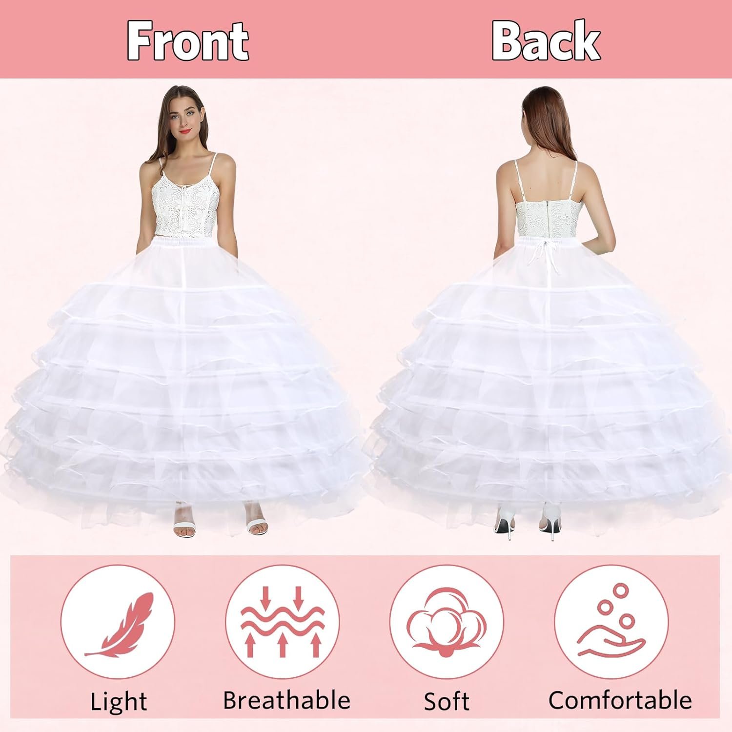 Women 6 Hoop 6 Layered Petticoat White A-line Floor-Length Crinoline Underskirt for Bridal Wedding Dress Ball Gown - Image 2