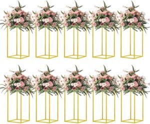 10 Pcs 15.75inch Gold Wedding Flower Vase Metal Column Flower Stand, Geometric Centerpieces Vase for Table, Home Party Wedding Decorations
