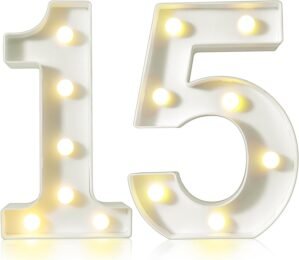 White Decorative LED Light Up Numbers, 8.8″ Marquee Number Signs for 15th Birthday Party Anniversary Wedding Backdrop, Lighted Numbers Lights Battery Powered Home Bar Wall Table Decor (Number 15)