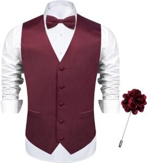 DiBanGu Mens Satin Vest and Bowtie Lapel Pin Set for Suit or Tuxedo,Solid Dress Waistcoat & Pre-tied Bowtie for Wedding Party