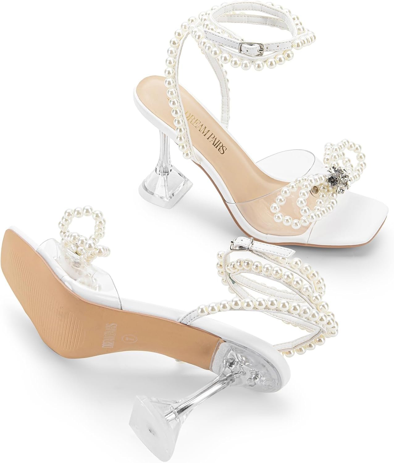 DREAM PAIRS Stiletto Bow Heels for Women Strappy Sparkly Rhinestone Square Toe Clear Crystal High Sandals for Party Wedding - Image 3