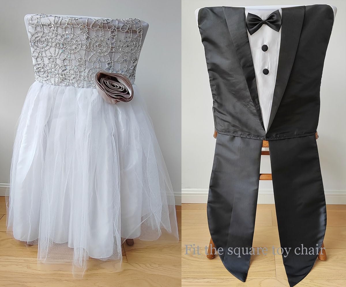 YHC#160 Wedding Chair Covers Party Birthday Mr and Mrs for Bride and Groom - Chic Elegant Fantastic Back Suit for Wedding Party Birthday Events Décor (Fitted for Round and Square Top Back) - Image 2