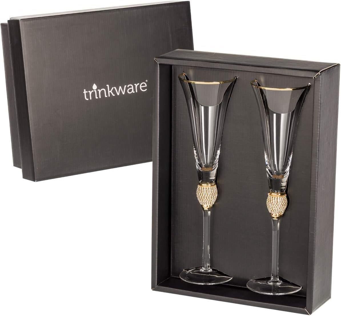Trinkware Wedding Champagne Flutes - Rhinestone "DIAMOND" Studded Toasting Glasses With Gold Rim - Long Stem, 7oz, 11-inches Tall - Elegant Glassware And Stemware - Set of 2 For Bride And Groom - Image 2