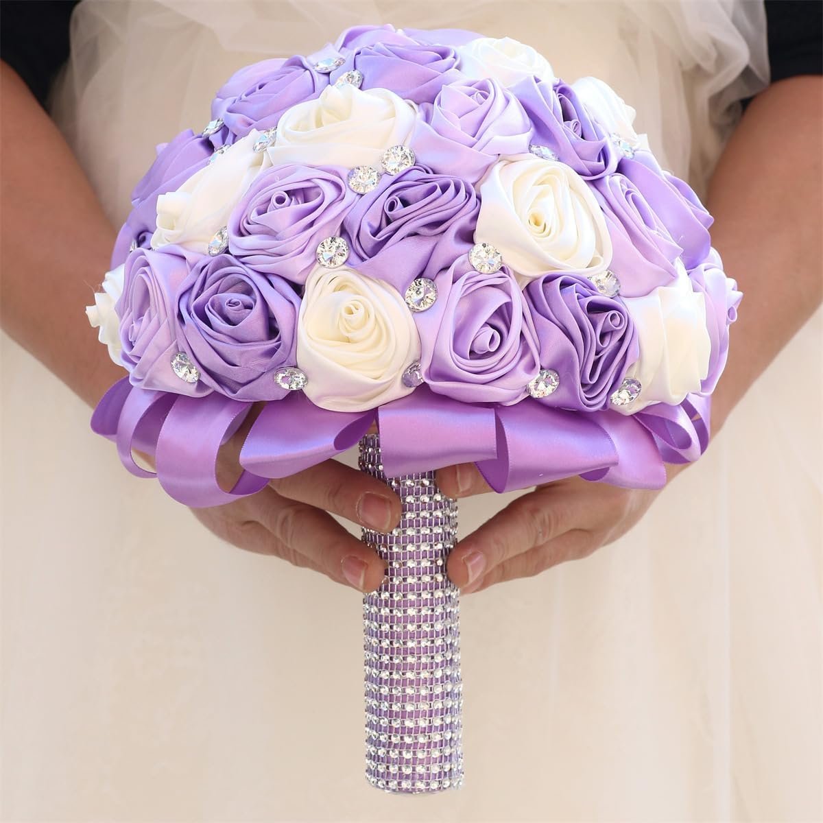 6.3" Lavender, Lilac & Ivory Bridal Wedding Bouquet Round Holding Bouquet Throw Toss Artificial Rose Flower Bunch for Bride Bridesmaid Wedding Quinceanera