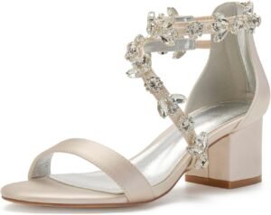 Women’s Low Block Heel Sandals Chunky Ankle Strap Crystal Wedding Dress Shoes Low Heel Comfortable Pump Sandals