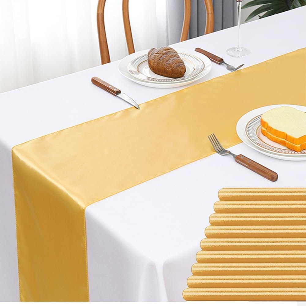 10 Pack Satin Table Runner 12 x 108 inches Long, Ribbon Table Runners Gold for Wedding Parties Birthday Banquet Restaurant Decorations (Gold, 10 Pieces) - Image 8