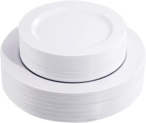 FLOWERCAT 60PCS White Plastic Plates – Heavy Duty White Disposable Plates for Birthday Party/Wedding – Include 30PCS 10.25″ White Dinner Plates & 30PCS 7.5″ White Dessert Plates for Valentine’s Day