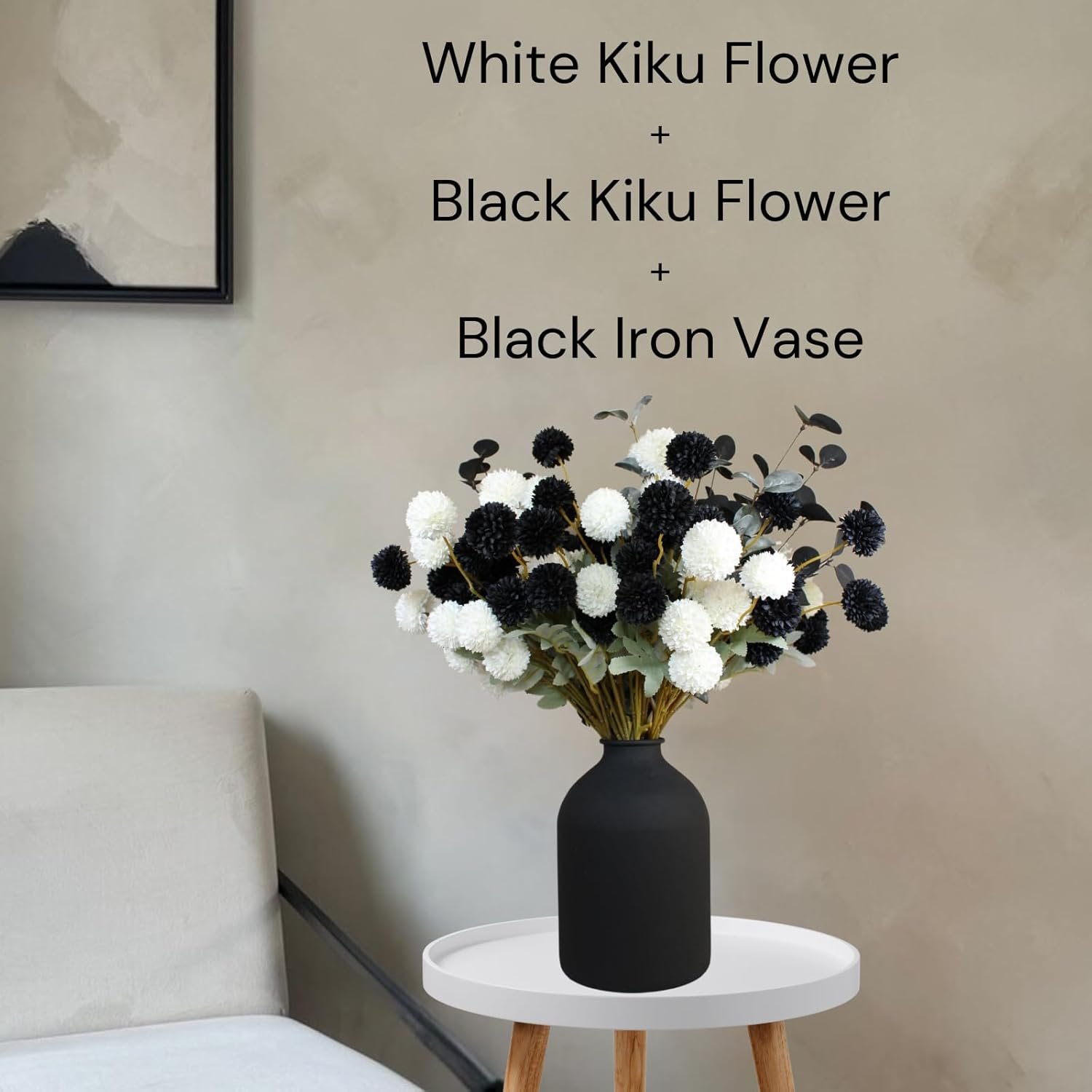 RyddeligHome Faux Kiku Flower White - 10 Stems & 18 Eucalyptus Stems(2 Branches), Small Mini Chrysanthemum Flowers, Artificial Pom Pom Balls for Aesthetic Room Decor, Floral Arrangements Centerpiece - Image 7