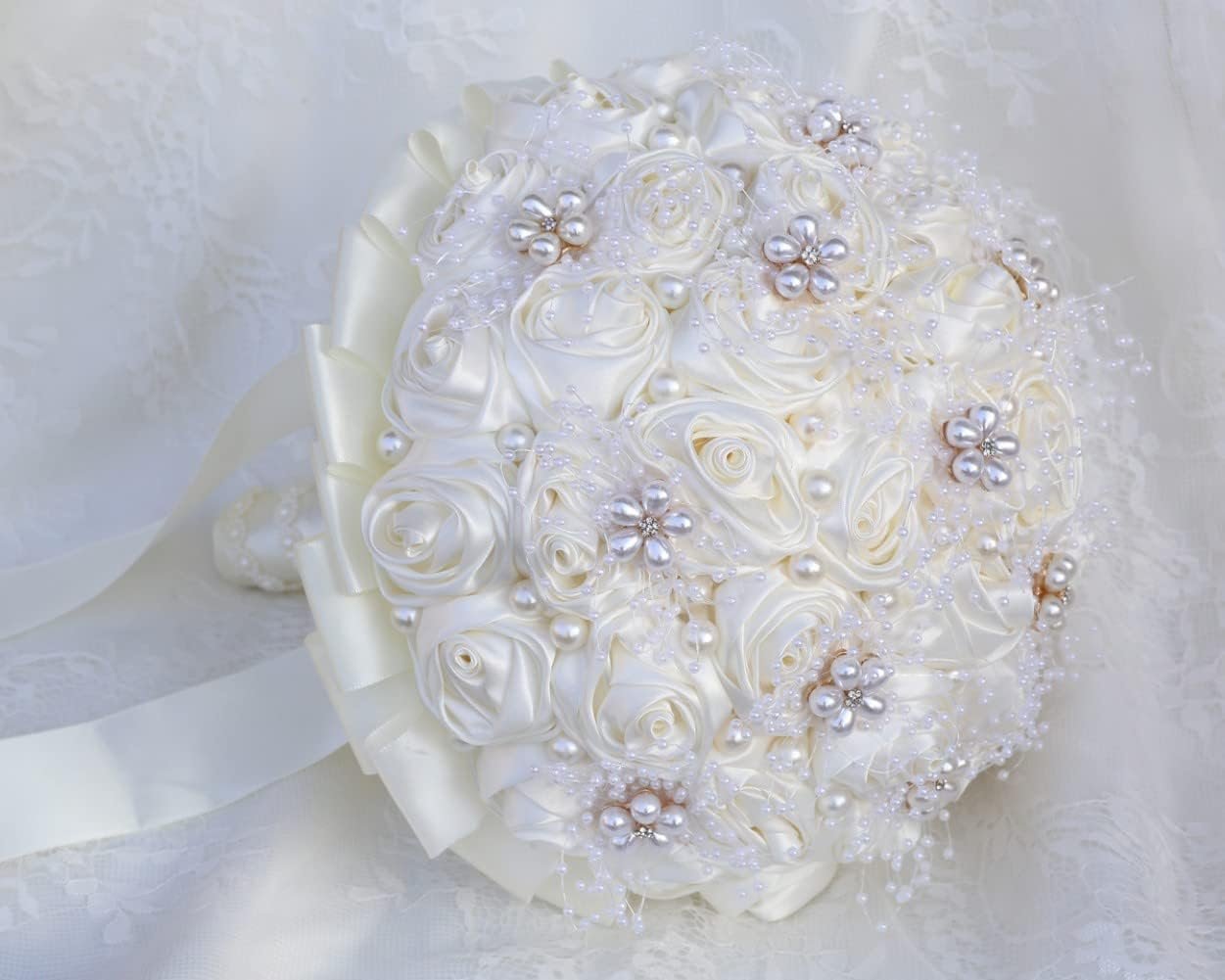 Ivory Bridal Wedding Bouquet Handmade with Rhinestone Pearl Ribbon Satin Rose Flower Bouquet for Bride Bridesmaid Quinceanera Bouquet Wedding Ivory 8.7in - Image 3