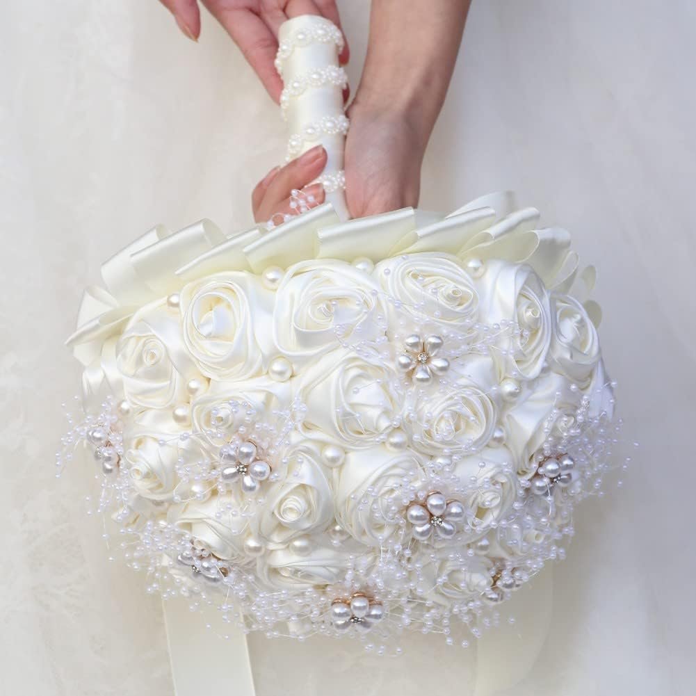 Ivory Bridal Wedding Bouquet Handmade with Rhinestone Pearl Ribbon Satin Rose Flower Bouquet for Bride Bridesmaid Quinceanera Bouquet Wedding Ivory 8.7in - Image 5