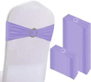 100PCS Spandex Stretch Chair Sashes Bows Elastic Chair Cover Bands Ties with Buckle Slider for Wedding Party Reception Events Universal Ceremony Banquet Decorations(Light Purple)