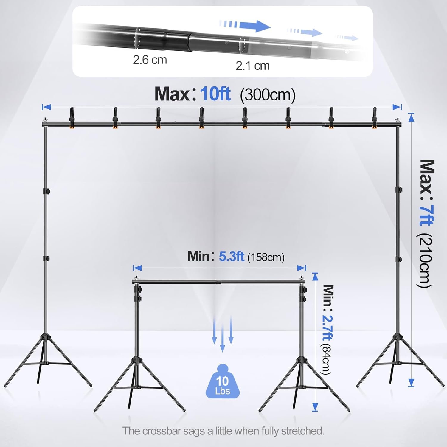 EMART Backdrop Stand 10x7ft(WxH) Photo Studio Adjustable Background Stand Support kit with 2 Crossbars, 8 Clamps, 2 Sandbags and Carry Bag for Parties, Events Decoration, Wedding, Photography - Image 2