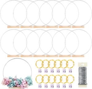 12 Pack Floral Hoop with Stand and LED Fairy Lights 14 inch Metal Rings for DIY Centerpiece Table Decorations Crafts Macrame Rings Hoop Wreath Dream Catcher Rings Wedding Christmas Wreaths, Silver