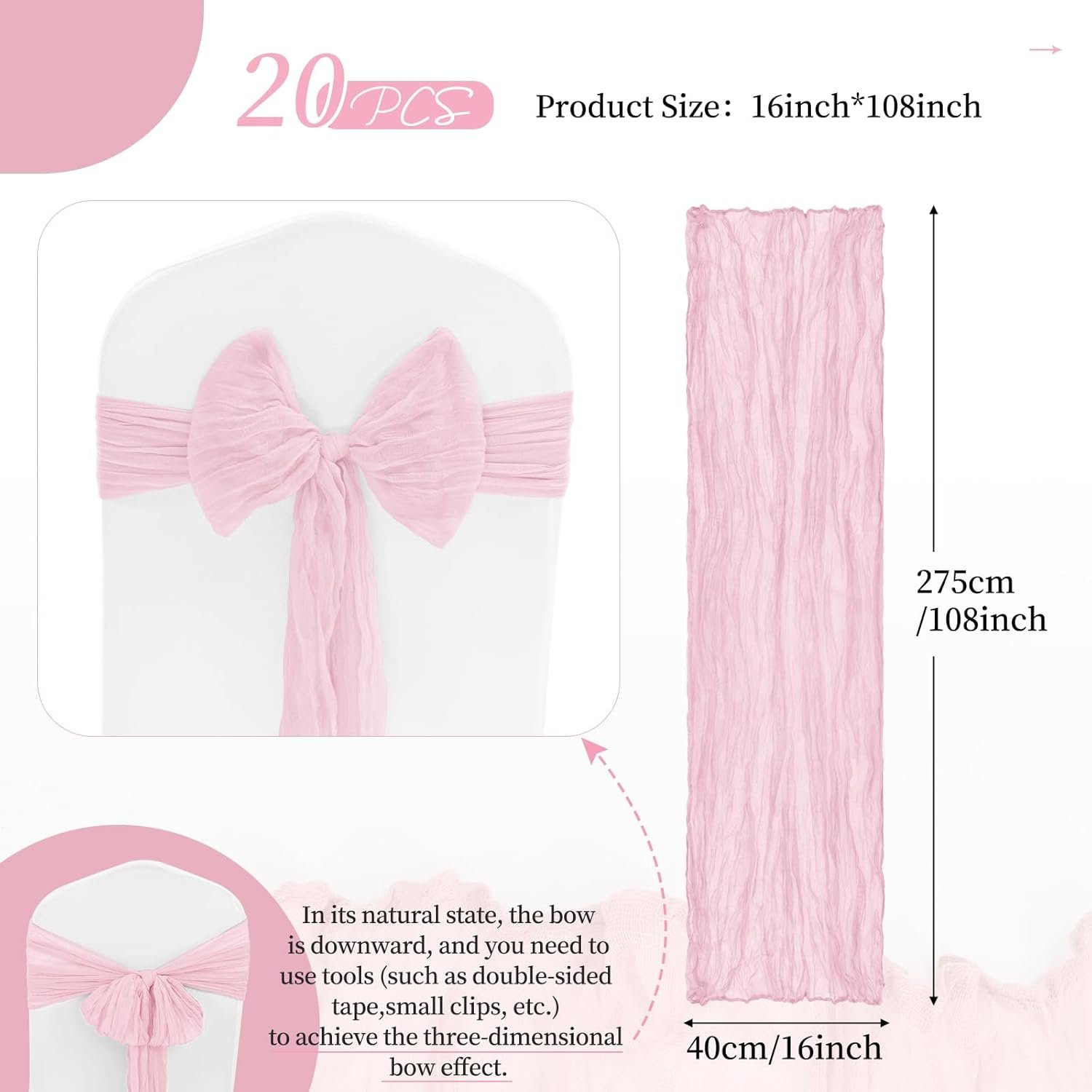 Showgeous 20 PCS Chair Sashes Cheesecloth Chair Sashes Rustic Chair Decorative Bows Designed Chair Cover for Wedding Banquet Party Aisle Home Kitchen Decoration (Light Pink, 16 x 108 inch) - Image 3