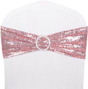 Pack of 50 Chair Sashes Sequin Stretchy Spandex Bands Decorative Bows One-Sided Sequins Decor for Romantic Wedding Party Home Chair Cover Sash Decorations – Rose Gold