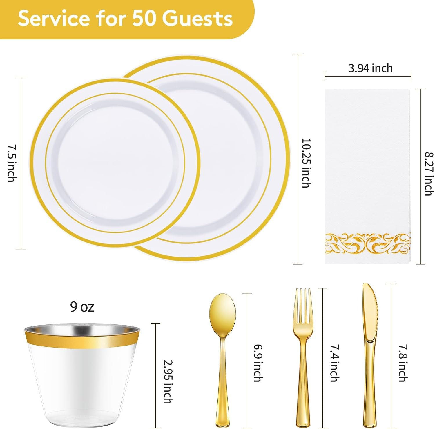 Goodluck 350 Piece Gold Dinnerware Set for 50 Guests, Plastic Plates Disposable for Party, Include: 50 Gold Rim Dinner Plates, 50 Dessert Plates, 50 Paper Napkins, 50 Cups, 50 Gold Silverware Set - Image 4