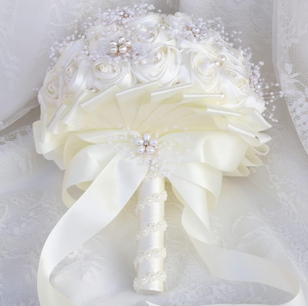 Ivory Bridal Wedding Bouquet Handmade with Rhinestone Pearl Ribbon Satin Rose Flower Bouquet for Bride Bridesmaid Quinceanera Bouquet Wedding Ivory 8.7in - Image 4