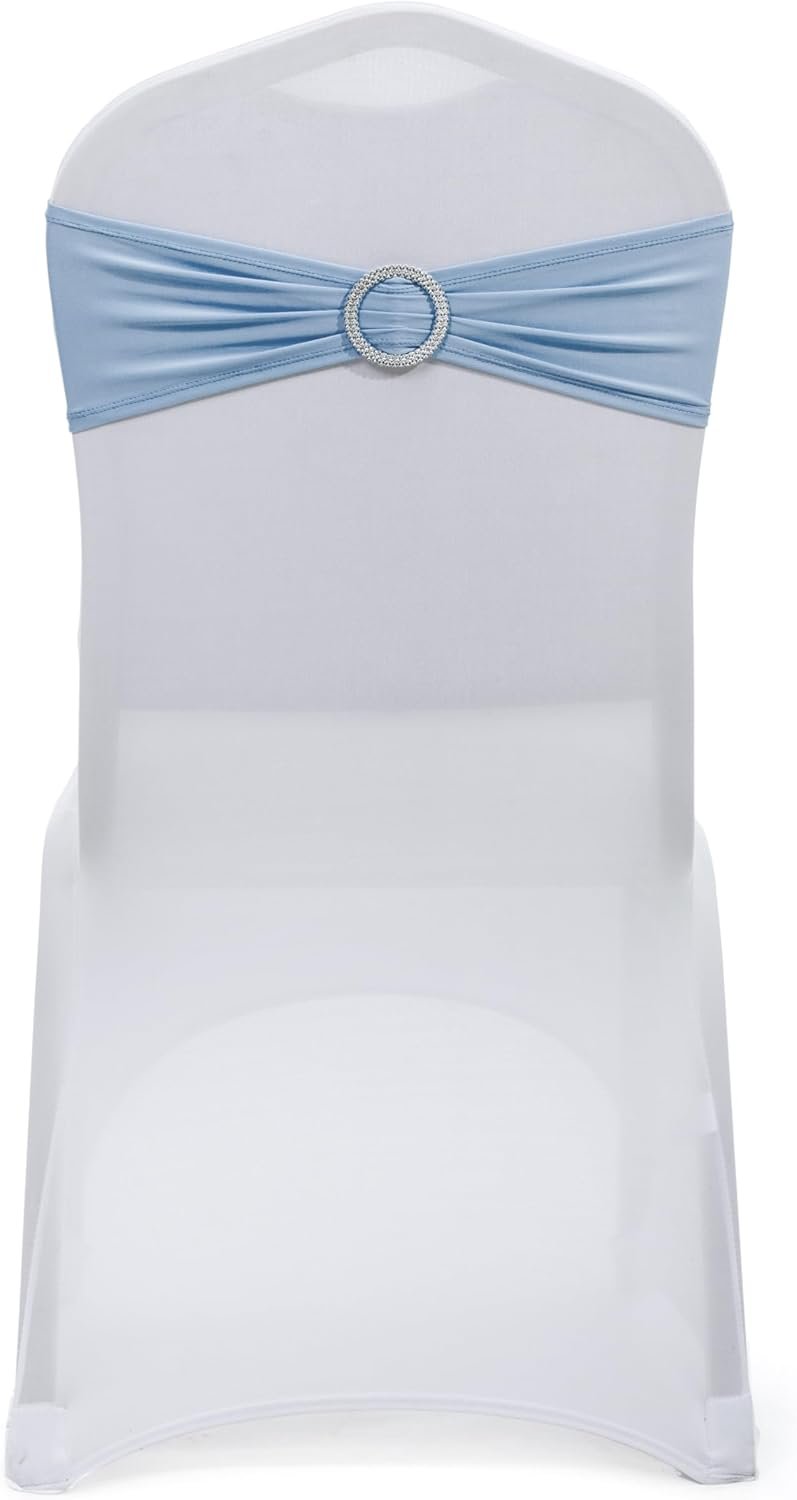 MDS Pack of 50 Spandex Chair Sashes Bow Premium Stretch Chair Cover Band with Buckle Slider Universal fits Elastic Dining Chair Ties for Wedding Party Banquet Events Decoration - Baby Blue - Image 2