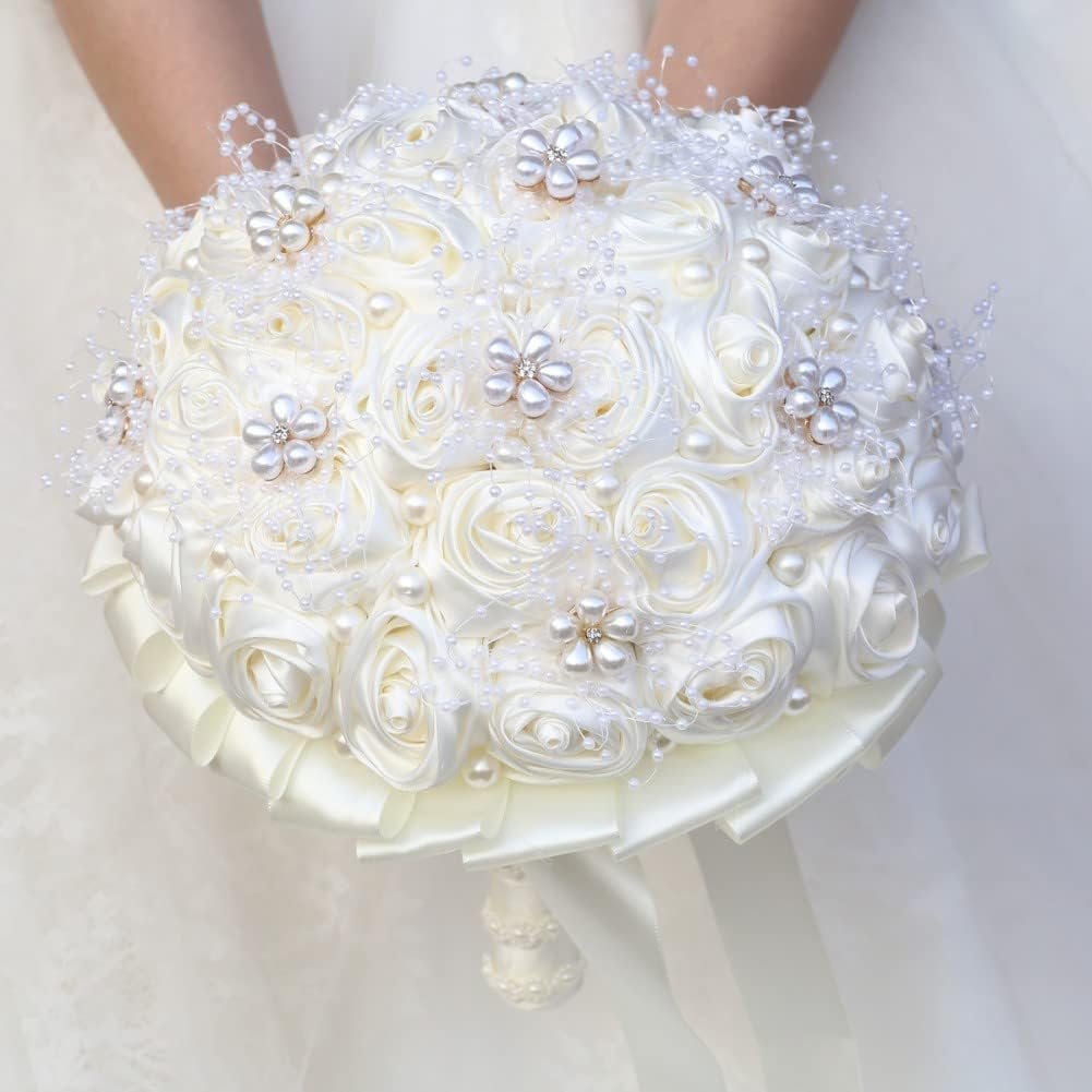 Ivory Bridal Wedding Bouquet Handmade with Rhinestone Pearl Ribbon Satin Rose Flower Bouquet for Bride Bridesmaid Quinceanera Bouquet Wedding Ivory 8.7in - Image 6