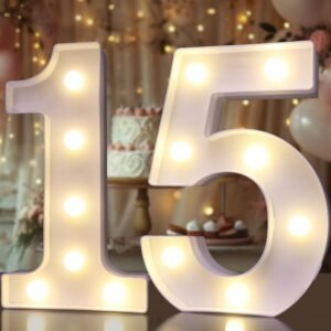 Pooqla Decorative Led Light Up Number Letters, White Plastic Marquee Number Lights Sign for 15th Birthday Party Wedding Decor Battery Operated Number (15)
