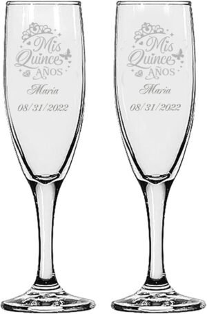 GIFTS INFINITY® Engraved Wedding Mis Quince Anos (Quinceañera) Champagne Flutes Set of 2 Personalized Toasting Glasses – Valentine’s Day Gift (Fl-10)