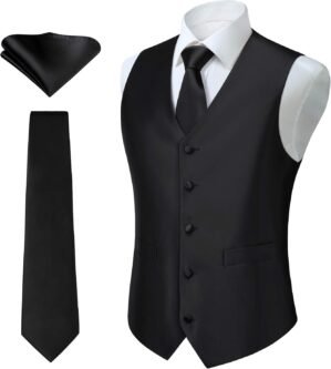 HISDERN 3PC Men’s Paisley Floral Jacquard Suit Vest & Necktie and Pocket Square Formal Waistcoat for Tuxedo Wedding Party