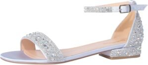 SheSole Women’s Rhinestone Low Block Heel Sandals Sparkly Ankle Strap Sandal Bridal Wedding Dress Shoes Silver Gold White