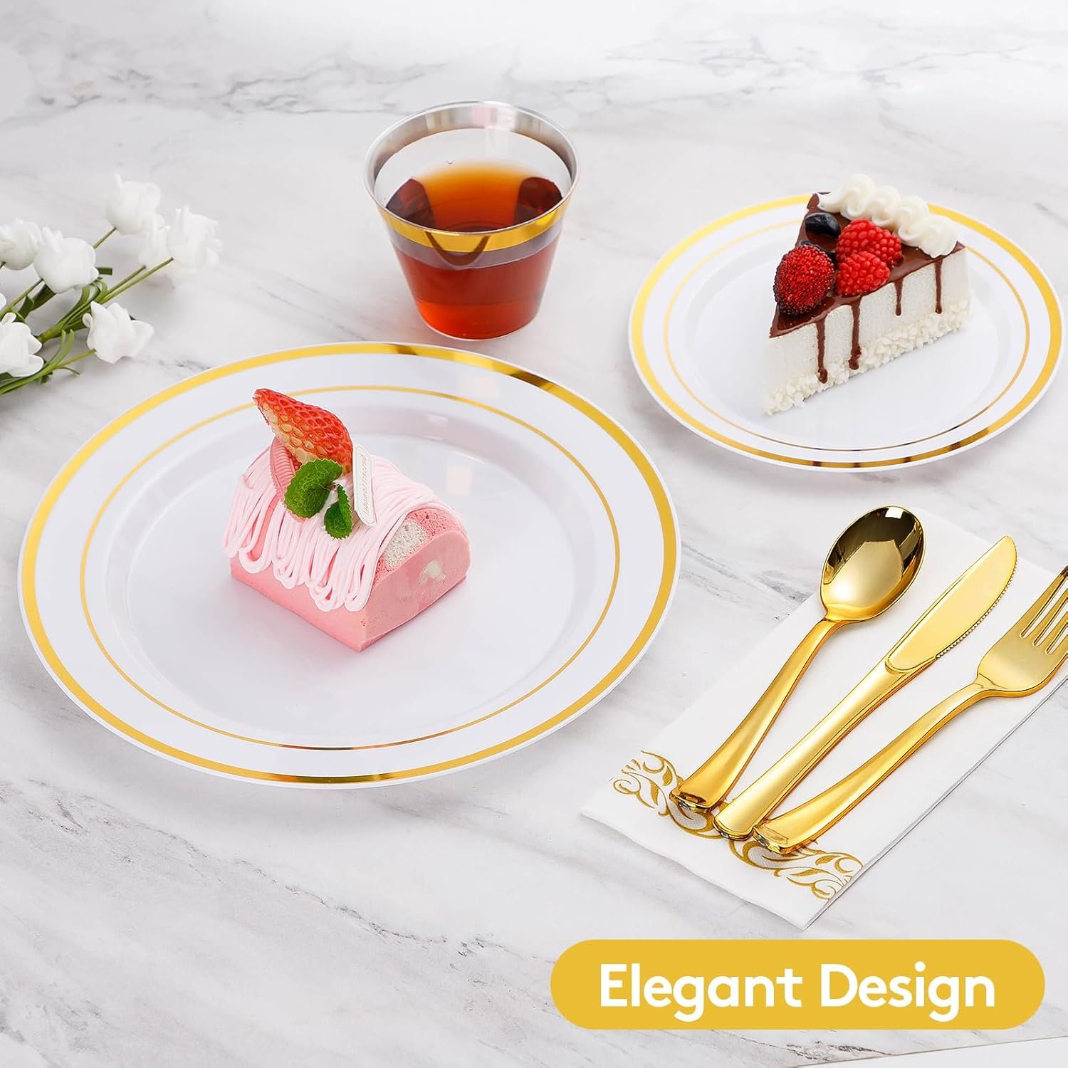 Goodluck 350 Piece Gold Dinnerware Set for 50 Guests, Plastic Plates Disposable for Party, Include: 50 Gold Rim Dinner Plates, 50 Dessert Plates, 50 Paper Napkins, 50 Cups, 50 Gold Silverware Set - Image 3