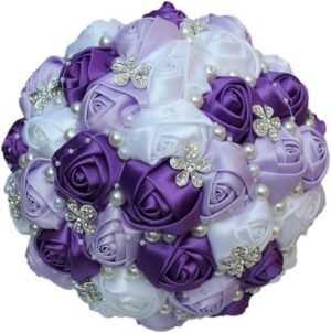 S-ssoy Wedding Bouquet Bride Bridal Brooch Bouquets Bridesmaid Bouquet Diamond Pearl Ribbon Valentine’s Day Confession Party Church with Free Corsage Flower, Purple+Lilac+White