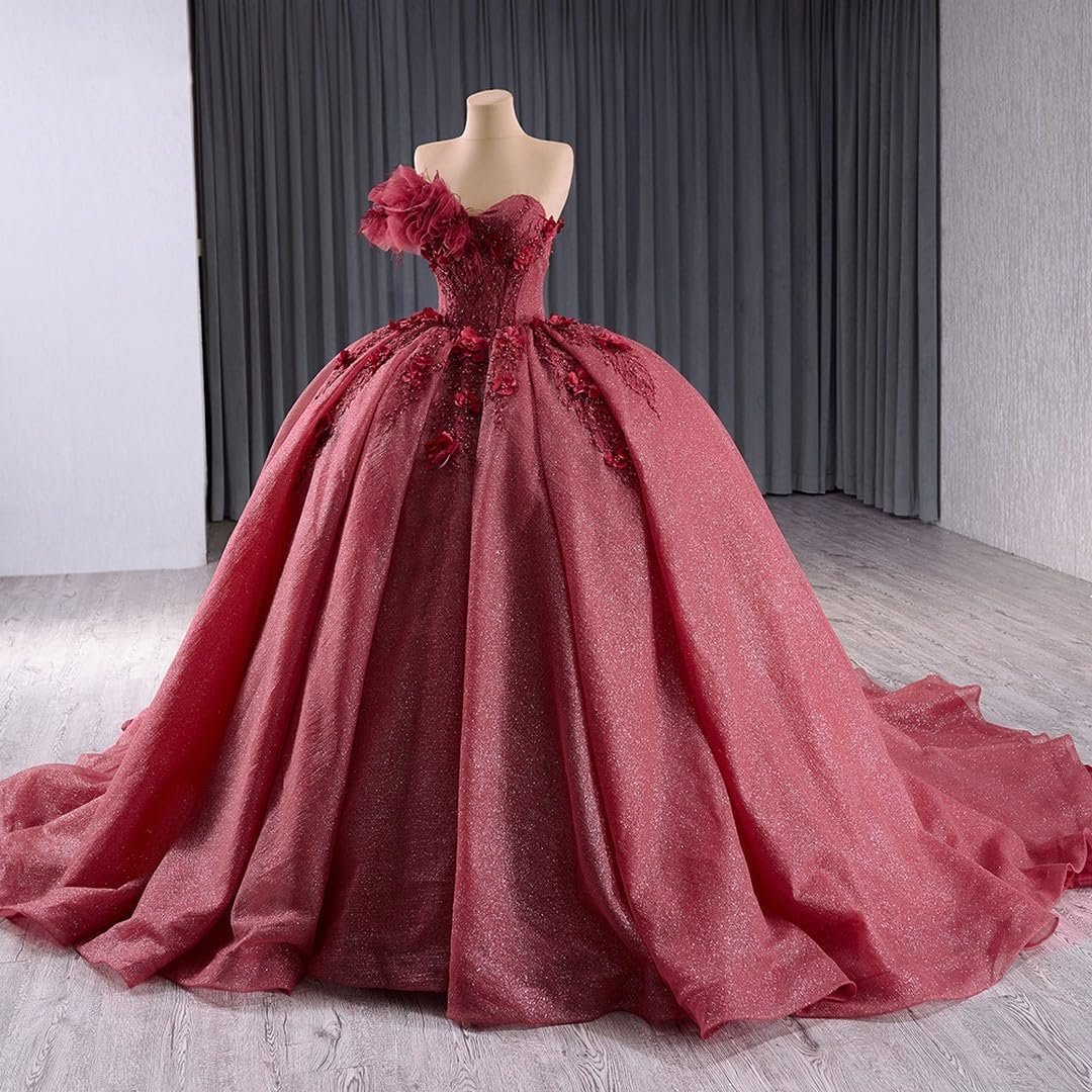 3D Flowers Quinceanera Dresses Puffy Tulle Strapless Sweet 16 Dresses with Train Sparkly Beaded Ball Gowns - Image 4