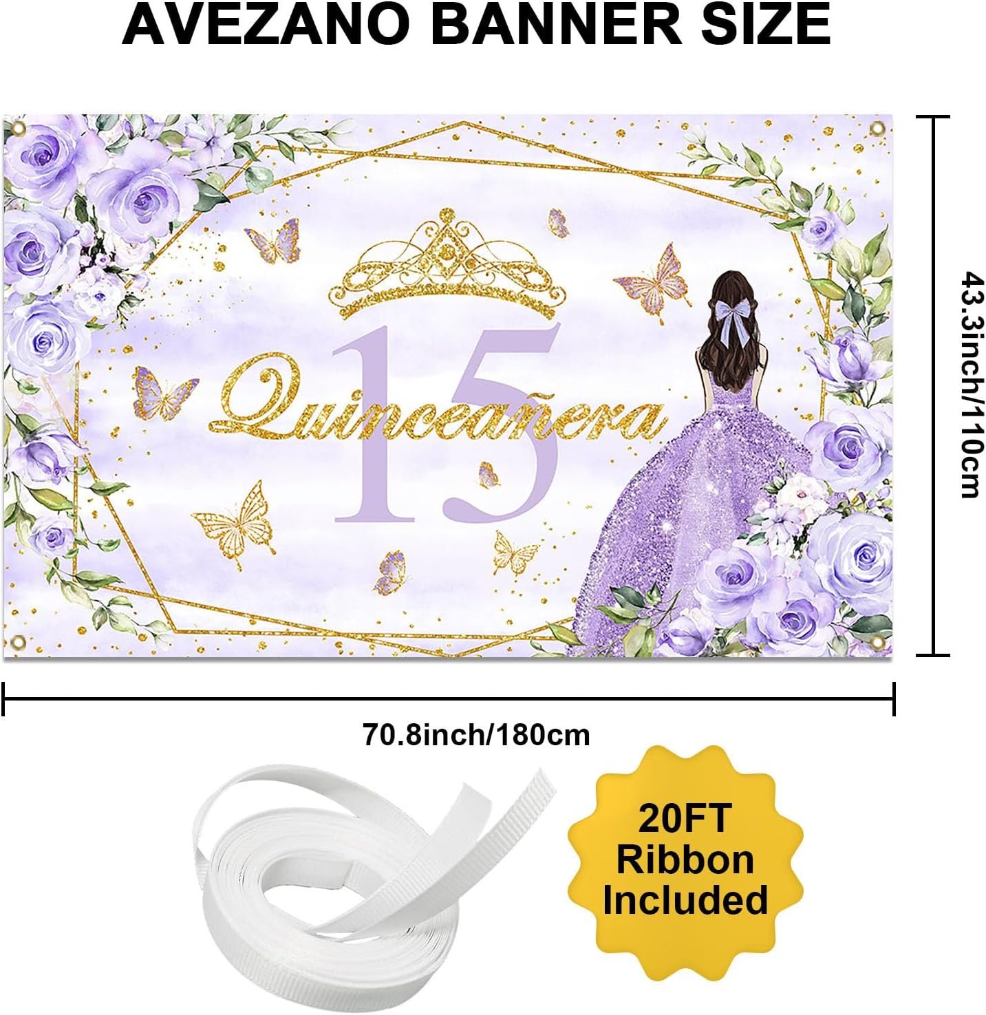 Avezano Quinceanera 15 Birthday Backdrop Banner Mis Quince Anos 15th Birthday Party Decorations Girls Sweet 15 Birthday Party Background Purple Gold, 70.8 x 43.3 inch - Image 3