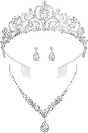 COCIDE Silver Jewelry Set for Women Crystal Tiara and Necklace Kit for Girls Rhinestone Crown Earrings Neck Accessories for Bride Wedding Birthday Party Bridal Prom Bridesmaid Dress up