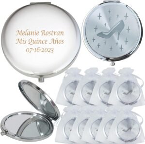 WE Personalized Silver Compact Mirror Favor (12 PCS) – Cinderella High Heel Shoe Design Quinceanera/Sweet 16/ Zapatilla de Cenicienta Birthday Gift (Silver)