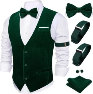 Barry.Wang Men’s Velvet Vests Formal Waistcoat Bowtie Set Hanky Cufflink Armband Wedding Party Tuxedo Vest 6PCS