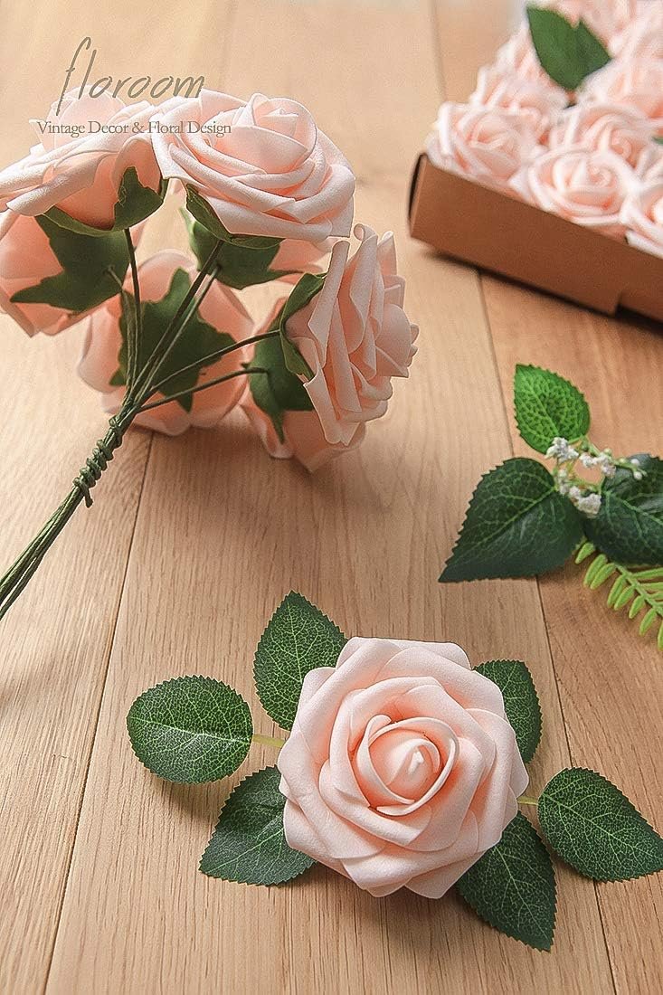 Floroom Artificial Flowers 25pcs Real Looking Blush Foam Fake Roses with Stems for DIY Wedding Bouquets Bridal Shower Centerpieces Party Decorations - Image 7