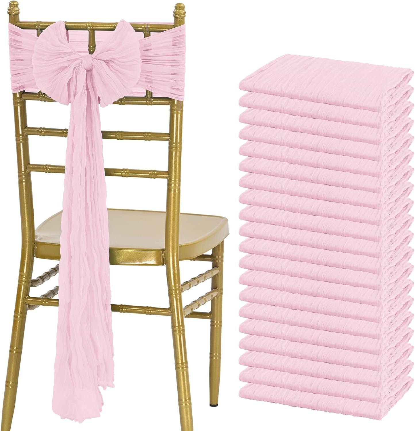 Showgeous 20 PCS Chair Sashes Cheesecloth Chair Sashes Rustic Chair Decorative Bows Designed Chair Cover for Wedding Banquet Party Aisle Home Kitchen Decoration (Light Pink, 16 x 108 inch)