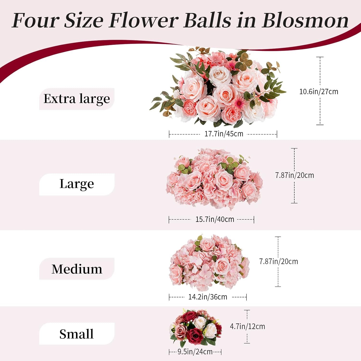 BLOSMON Flower Balls Wedding Centerpieces: 2 Pcs Burgundy Blush & White Fake Rose Flowers Kissing Decor Artificial Floral Arrangements Bouquet of Roses Home Party Room Table DIY Decoration - Image 5