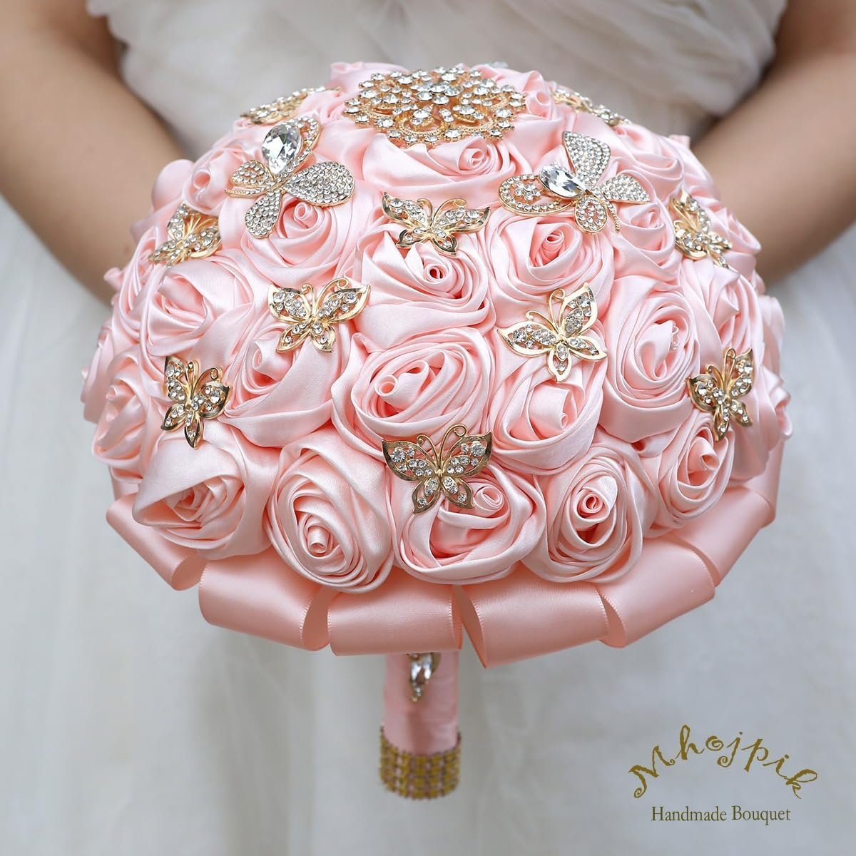 Bridal Wedding Bouquet Round Holding Bouquet Throw Toss Artificial Rose Flower Bunch for Bride Bridesmaid Wedding Quinceanera (Light Salmon Pink, 9.8") - Image 2