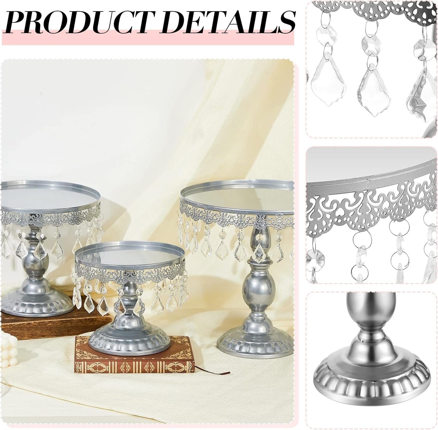 Eaasty 3 Pcs Cake Stand Set Round Cake Stand with Crystal Bling Pendants Dessert Table Display Set for Wedding Event Birthday Party Dessert Table(Silver) - Image 4