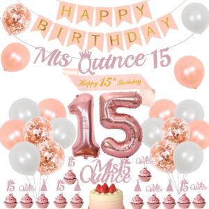 Cheereveal 15th Birthday Decorations for Girls Rose Gold, Mis Quince 15 Banner Cake Topper, Quinceanera Decor, Cheers to 15 Years Decorations Number 15 Foil Balloon for Fifteen Birthday Party